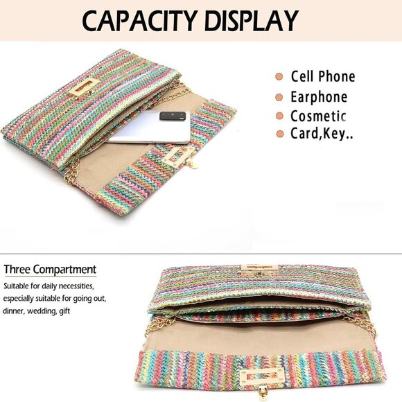 Straw Clutch Crossbody Bag Women Summer Woven Shoulder Envelope Evening - Picture 5 of 7